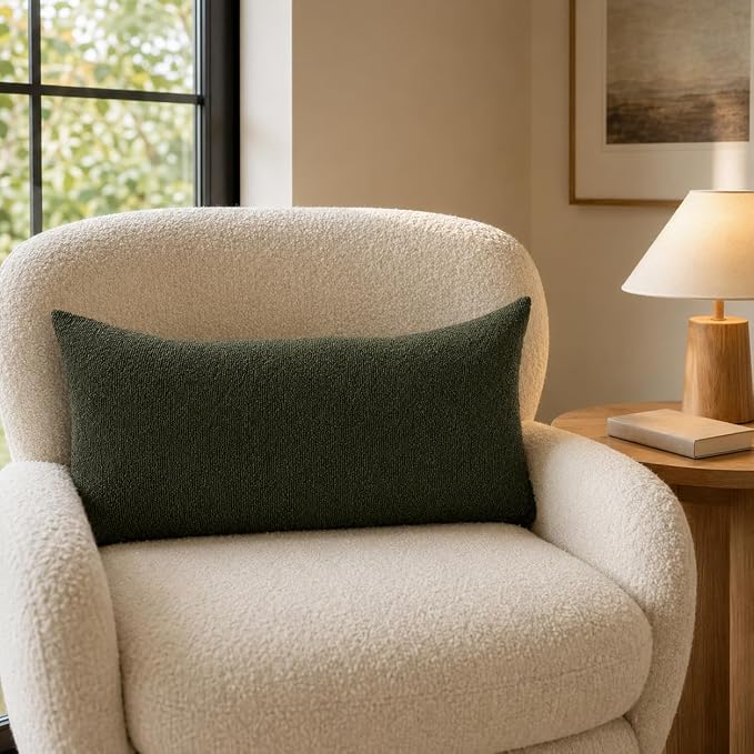 JoraLion 14x24 inch Boucle Lumbar Pillow Cover, Army Green Woven Texture Neutral Long Pillow Cover Breathable Cushion Case for Couch Sofa Bed Living Room Home Decor (Cover Only)