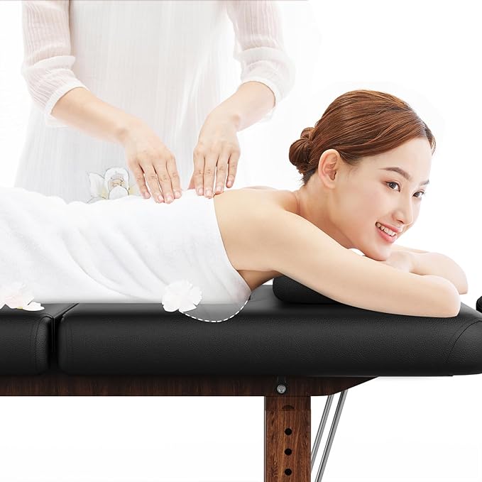 Stationary Massage Table with Adjustable Height Legs and Backrest for Treatment, Physical Therapy, Spa Facial Professional Massage Bed, Black PU Leather - 700LBS Load, Heavy Duty Wood Frame