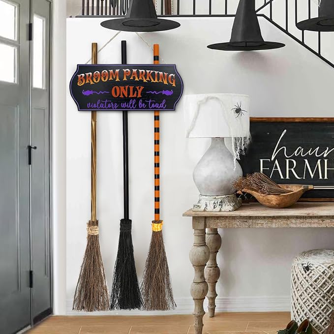 Halloween Decorations - Broom Parking Sign with 3 Wooden Witches Brooms | Hocus Pocus Decor, Halloween Decor, Front Porch Wall Decoration, For Indoor Outdoor Home Office Party
