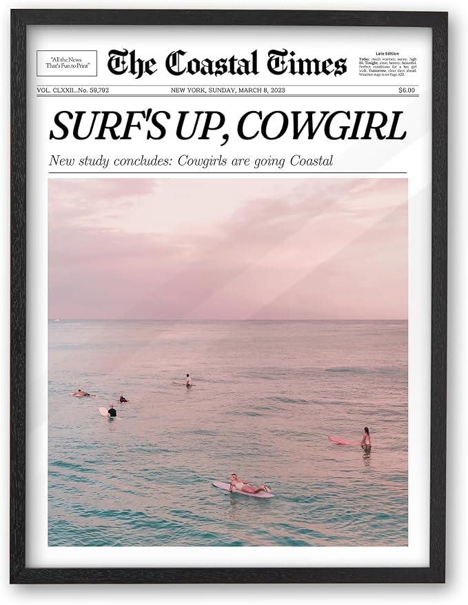 iHery 12x16in Surf’s Up Cowgirl Black Framed Newspaper Wall Art | Premium Black Natural OAK Wood Frame with Canvas Print, Coastal Cowgirl Decor for Bedroom, Dorm, Living Room 1Pack