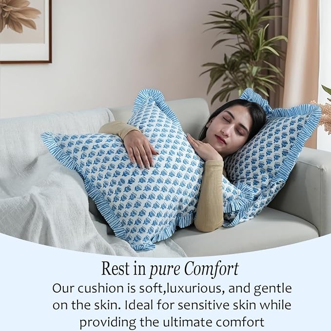 CPC Block Print Ruffle Throw Cover Apatite Blue 16"x16" Inch Pack of 2-100% Cotton Ruffle Couch Decorative Boho Pillows Case for Living Room, Bedroom, Sofa, Farmhouse Gift for Spring, Mother's Day