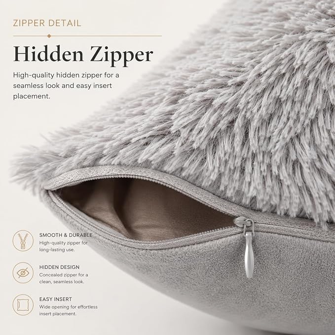 REAFORT Long Hair Faux Fur Euro Sham Cover 26"x26", Hidden Zipper (Grey) | Ultra-soft plush faux fur with a hidden zipper adds luxurious comfort and is machine washable for easy care.