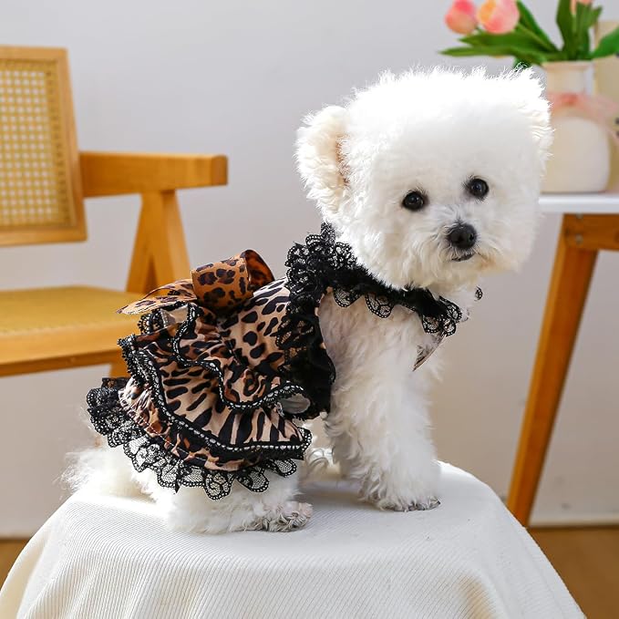 Dog Lace Leopard Print Dress Summer Autumn Cat Suspender Skirt, S | Small & Medium Pet Party Leopard formal Dress For Yorkie Maltese Chihuahua Pug Shih Tzu Toy Poodle French Bulldog