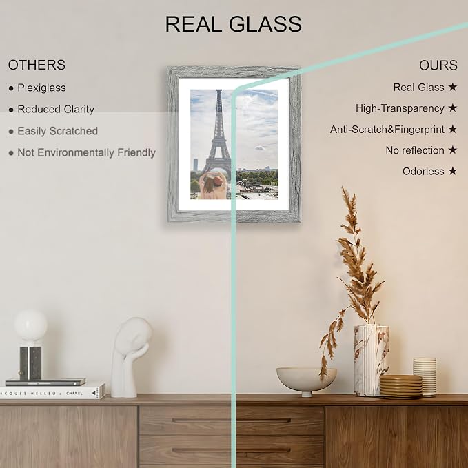 Hongkee 10x12 Picture Frame Set of 4, Made of Real Glass and Grey Frame - Display Picture 8x10 with Mat or 10x12 Without Mat, 10 by 12 Photo for Wall Mounting