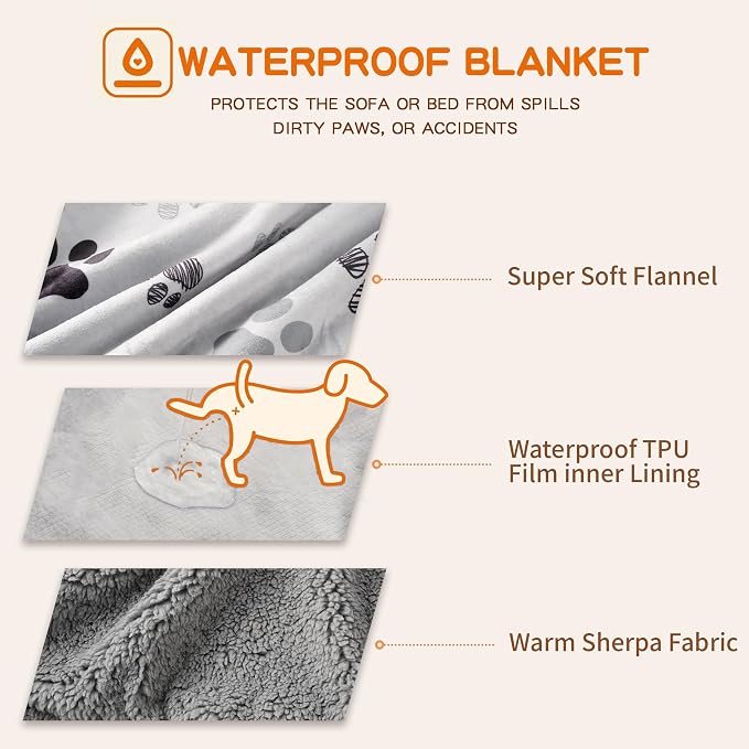 Waterproof Dog Blankets for Large Dogs 50"x60" Light Grey | Soft Fluffy Pet Blanket for Couch Sofa Car Crate, Bed Furniture Protector, Reversible Sherpa Fleece Dog Blanket Washable