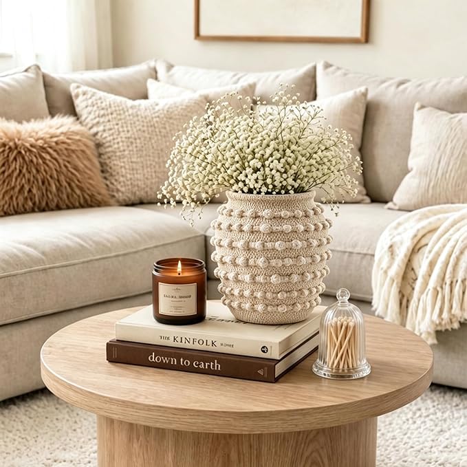 DN DECONATION Beige Flower Vase, 8.2" Farmhouse Boho Vase for Home Decor | Textured Rustic Vase, Cement Decorative Vases with Rope Knots for Living Room, Table Centerpiece, Shelf, Mantel Decoration