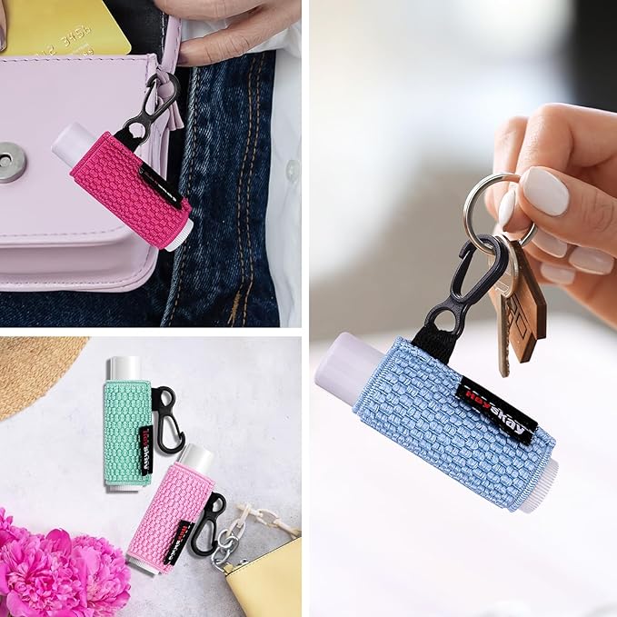 HEYSKAY 3PCS Lip Balm Holder Sleeves Keychain Compact Clip On Lipstick Holder Chapstick Holder Lip Gloss Holder Keychain Chapstick Elastic Sleeves