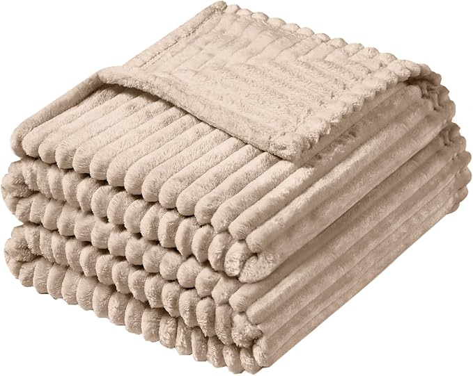 Vessia Flannel Fleece Twin Blanket for Couch,Sofa,Bed, 300GSM Striped 60x80inch Camel Blanket for Adults and Kids, Super Soft Warm Cozy Lightweight Ribbed Brown Throw for All-Season