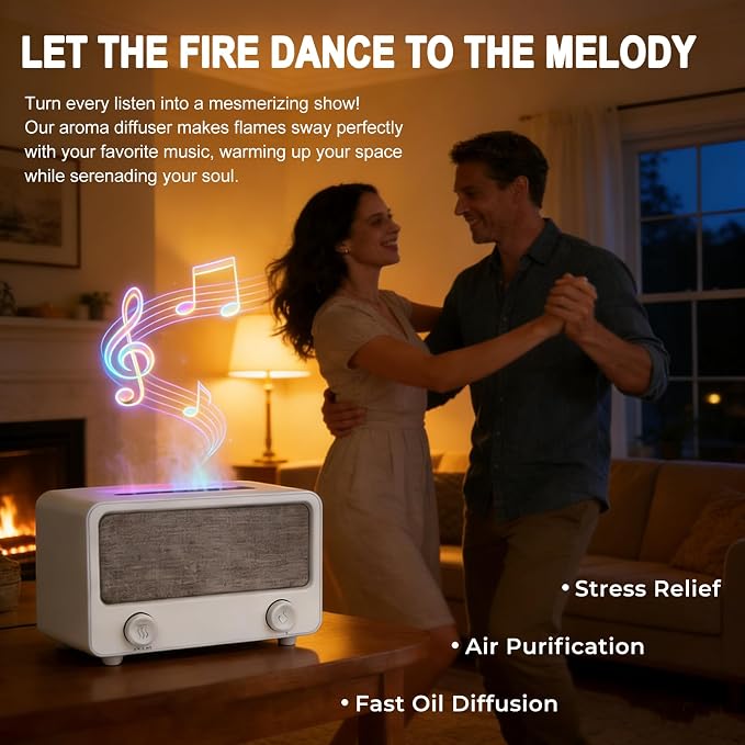 Fireplace Flame Aromatherapy Diffuser with Bluetooth Speaker, Essential Oil Diffuser for Home Bedroom, Ultrasonic Cool Mist Humidifier 7 Colors LED Light Auto-Off Protection Home Bedroom Office Yoga