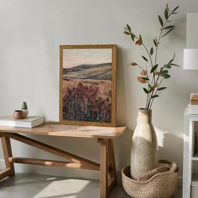 JLTULT Vintage Landscape Wall Art, Maroon Wood-Framed Canvas, 16 x 24 in | Moody maroon wildflower art on fade-resistant canvas with a ready-to-hang solid wood frame for bedrooms and living rooms