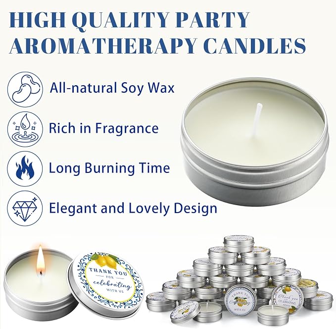 Treela 24 Pcs Capri Lemon Candles Favors Italian Lemon Scented Candle Tins with Lids Amalfi Coast Gifts for Mediterranean Wedding Bridal Baby Shower Party Favors Decorations