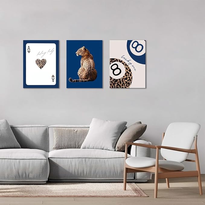 Navy Blue Leopard Canvas Wall Art Set of 3 Cheetah Animal Prints Posters Wall decor Trendy 8 Ball Lucky Me Pictures Aesthetics Artwork for Dormitory Apartment Bedroom Decoration 12x16 Inch Framed