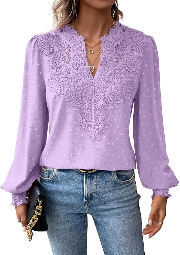 Womens Tops Swiss Dot Boho Long Sleeve Shirts V Neck Casual Chiffon Blouses Flowy Lace Hem Cute Clothing Trendy 2026