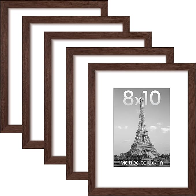 upsimples 8x10 Picture Frame, Gallery Wall Frames Set of 5, Brown | Photo Frame Collage Wall Decor, 8 x 10 Frame, 5x7 Frame with Mat for Family, Baby, Hallway, Fathers' day