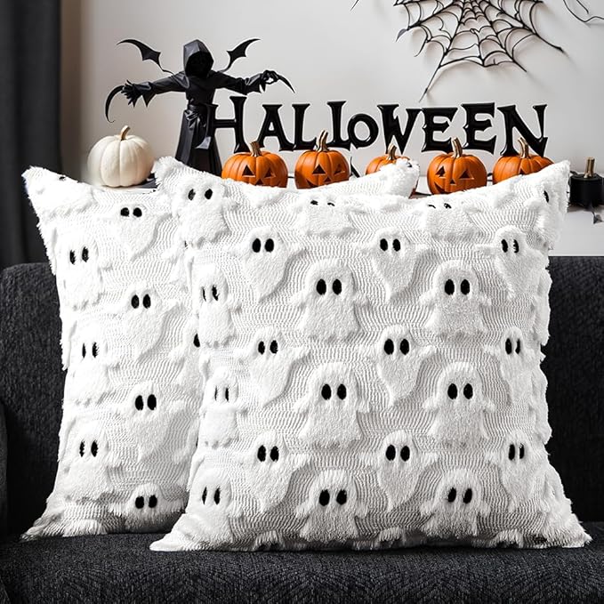 DFXSZ Halloween Pillow Covers 22x22 inch 2Pcs White Ghost Halloween Decor | Halloween Decorations Set of 2 Throw Pillow Cases Plush Faux Fur Wool Cushion for Chair Sofa Bedroom Living Room Home Decor