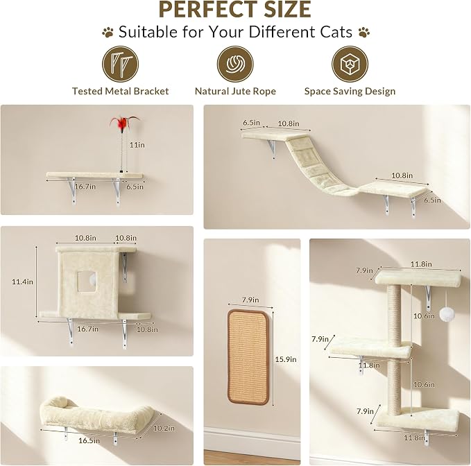 Cat Wall Shelves, 6 in 1 Cat Wall Furniture Set with Condos House, Bed, Bridge, Tree, Steps, Scratching Board, DIY Walls Playground for Indoor (Beige)
