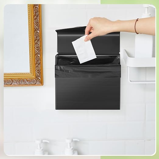 Tioncy 1 Pack Sanitary Napkin Disposal Receptacle with Feminine Hygiene Disposal Bag Stainless Steel Tampon Bin Trash Can Wall Mounted Waste Tampon Holder Feminine Hygiene Container (Black)