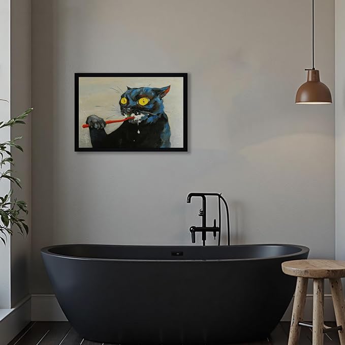 ICHZUMW Framed Funny Black Cat Bathroom Decor Canvas Wall Art, 16x24 Inches | Quirky Black Cat Brushing Teeth Painting, Humorous Bathroom Wall Decor, Restroom Powder Room, Fade Resistant, Ready to Hang