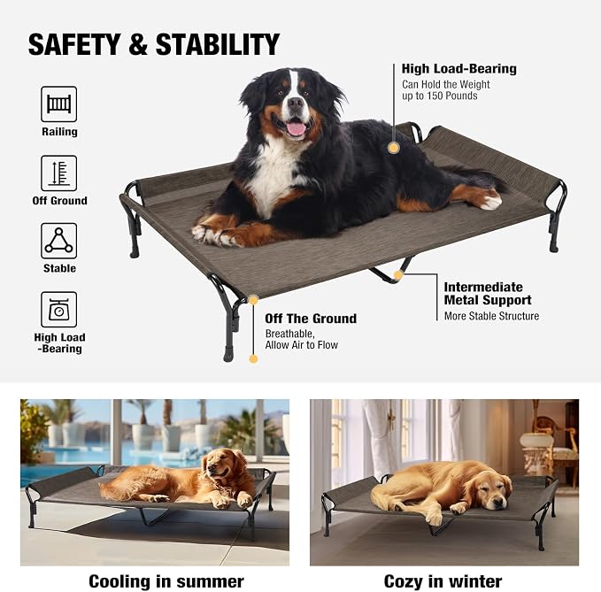 Veehoo Cooling Elevated Dog Bed, Raised Dog Cot with Guardrail & Headrest | Washable Dog Couch Bed for Indoor & Outdoor, Durable Breathable Teslin Mesh, Non-Slip Feet, XX Large, 63" x 37", Brown