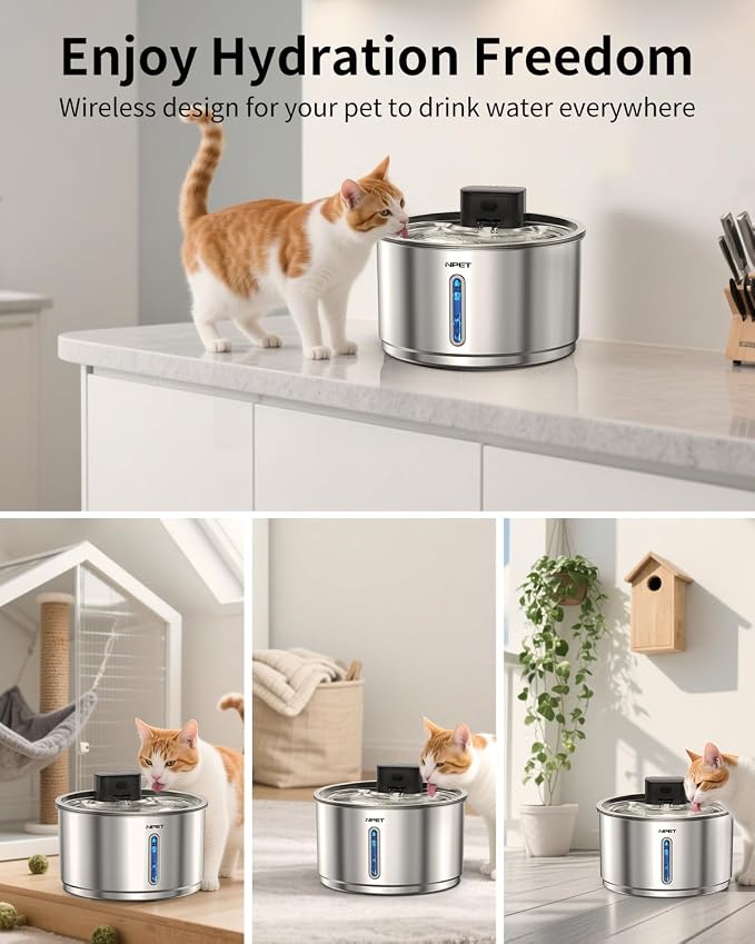 NPET Stainless Steel Wireless Cat Water Fountain with 8 Replacement Filters | 1Gallon/135oz, Battery Operated, Automatic Pet Drinking Fountain, Cordless Dog Water Dispenser, For Cats Indoor
