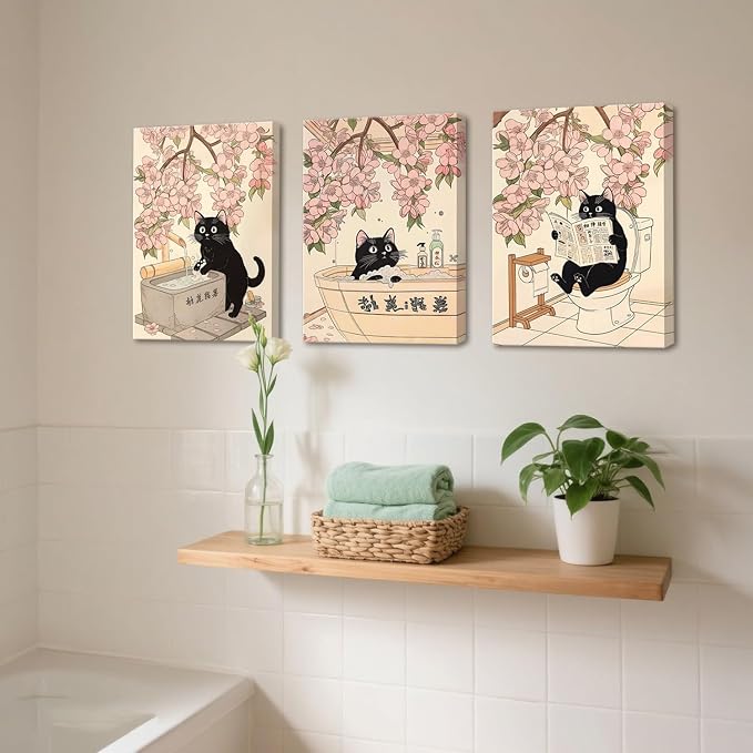 Funny Japanese Bathroom Wall Art Set of 3, Whimsical Black Cat Bathroom Wall Decor Painting Cute Japan Animal on Toilet Reading Poster Canvas Prints 12x16 inch Framed