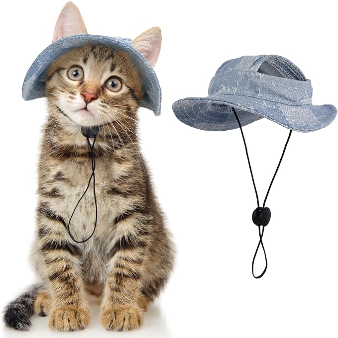 DENTRUN Cat Bucket Hat with Ear Hole, Cotton Birthday Bonnet for Small Pets | Breathable cotton, Adjustable Secures fit, For birthday Party, For small cats, daily cute photos