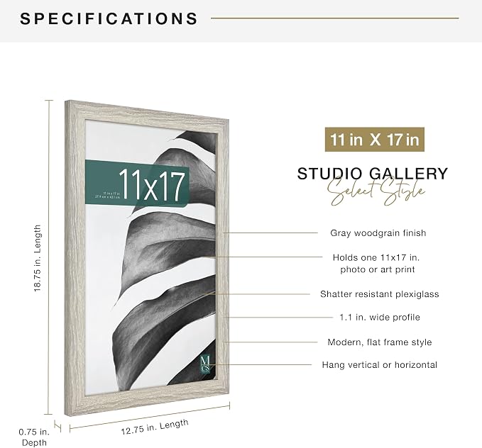 MCS Studio Gallery 11x17 Picture Frame Gray Woodgrain Engineered Wood, Rectangle Photo Frame for Photos, Posters & Art Prints (1-Pack)