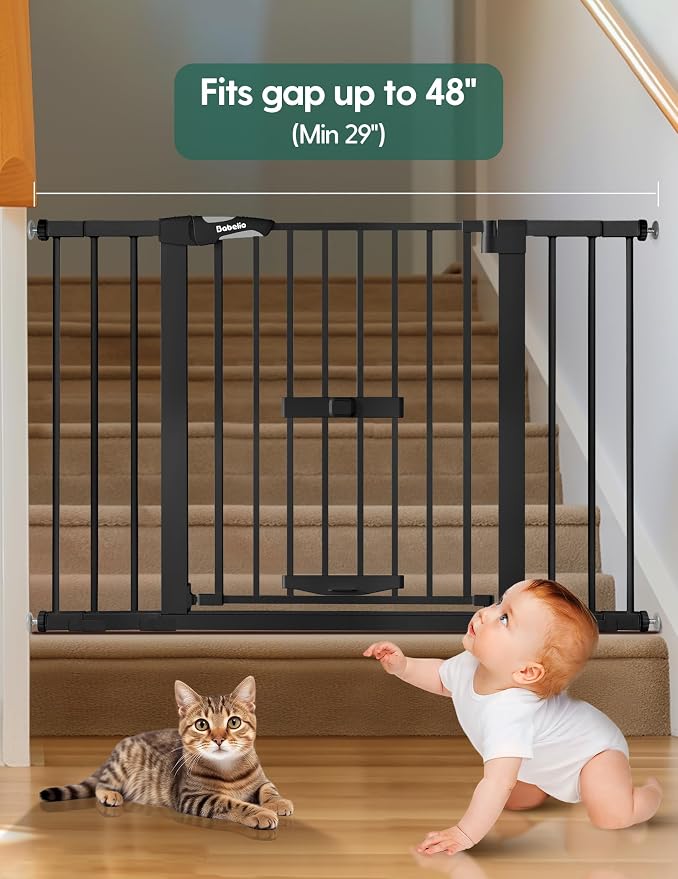 Babelio Extra Wide Baby Gate with Cat Door, CatPrivilege II, 29-48" | Auto-Close Metal Pet Door for Stairs, Doorways & House, Pressure/Hardware Mounted, Easy Walk Thru, Black