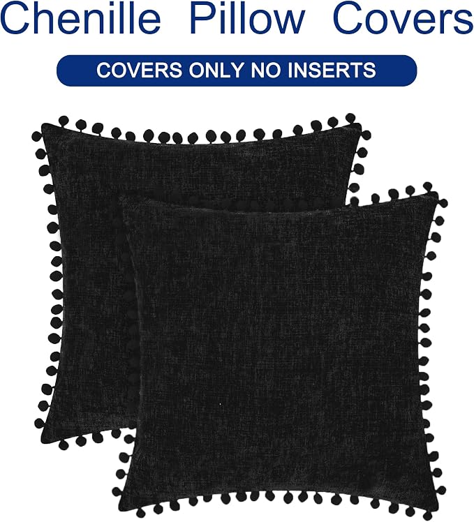 CaliTime Decorative Couch Throw Pillow Covers 16 X 16 Inches Black | Pack of 2, Cozy Chenille Cushion Cases, with Pom Poms for Sofa Bed Living Room Farmhouse Home