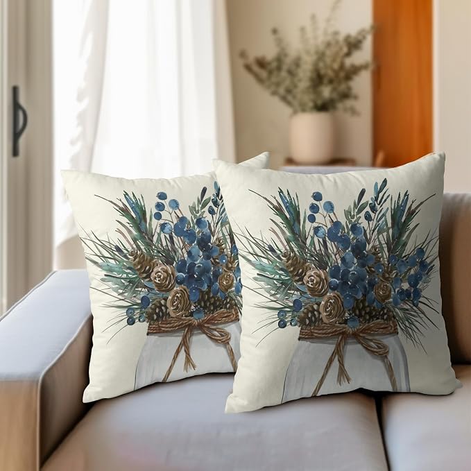 Kawani Pinecone Branch Throw Pillow Covers 22x22 Set of 2 Brown Blue Pine Needle Jar Farmhouse Decorative Pillow Cases Cotton Linen Cushion Cover for Sofa Couch Outdoor Home Decor