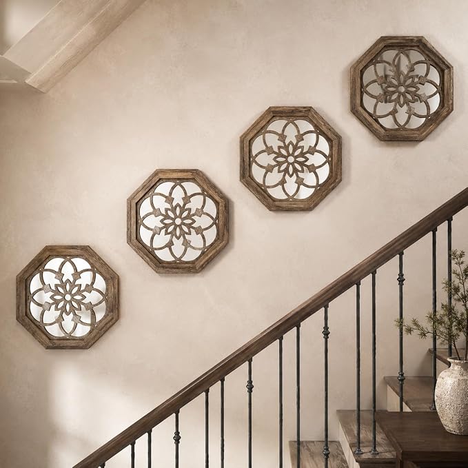 4 Pack 12 Inch Octagon Maroon Rustic Wood Frame Acrylic Wall Mirrors, Farmhouse Boho Wall Art Decor for Living Room, Bedroom, Hallway, Entryway, Bathroom & Office