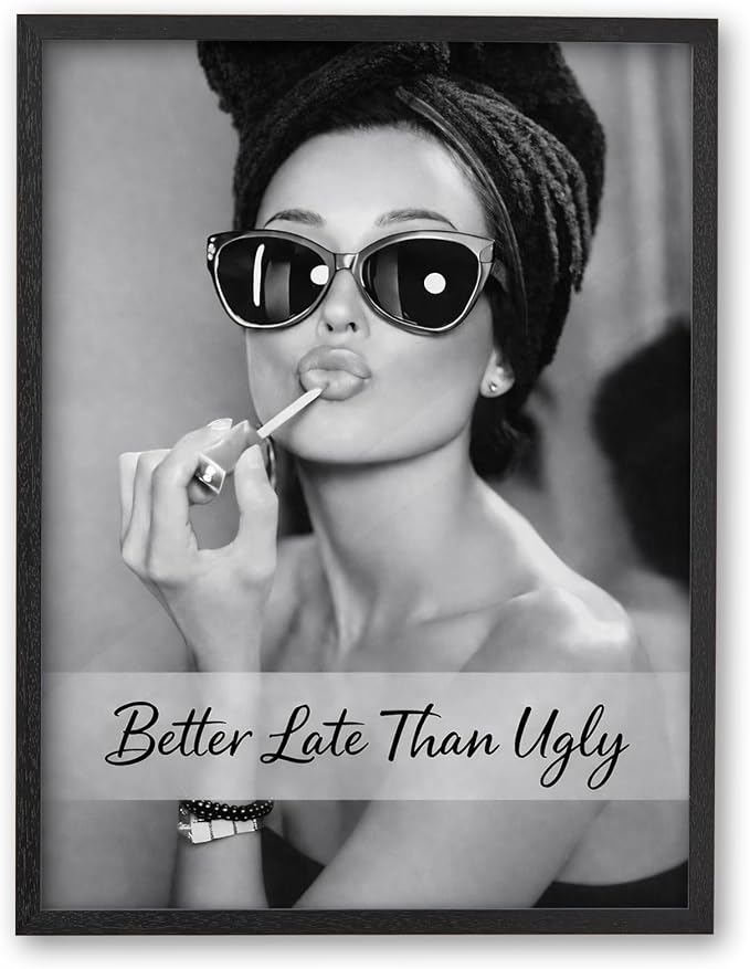 iHery 8x10in Audrey Hepburn Better Late Than Ugly Framed Bathroom Art | Black OAK Wood Frame with Canvas Print, Vintage Makeup Decor for Bathroom, Bedroom, Vanity Room and Living Room, 1Pack