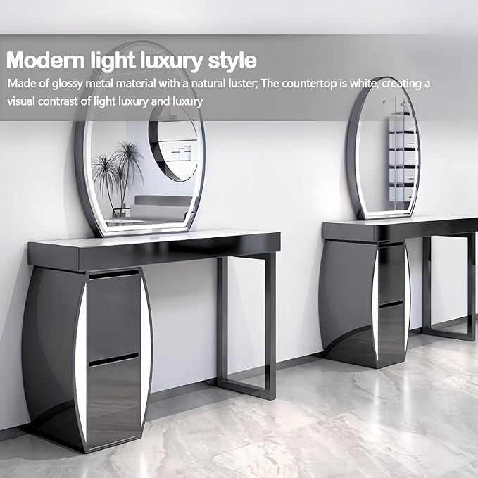 Salon Station for Hair Stylist with Curved Cabinet & Glowing Accents, Barber Station includes Oval LED Mirror, Large Capacity Storage