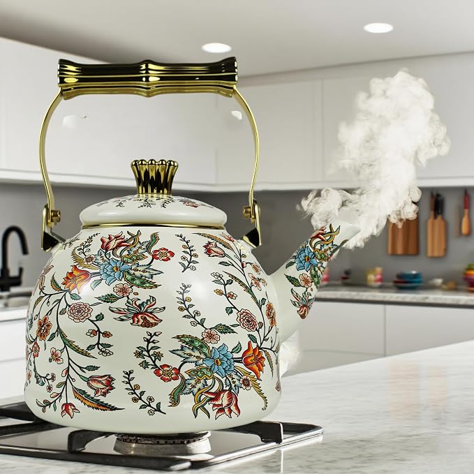 Vintage Enamel Tea Kettle Boho Floral Stovetop Teapot 2.5L Colorful Bohemian Enamel Kettle Kitchen Decor Hot Water Coffee Pot with Gold Handle