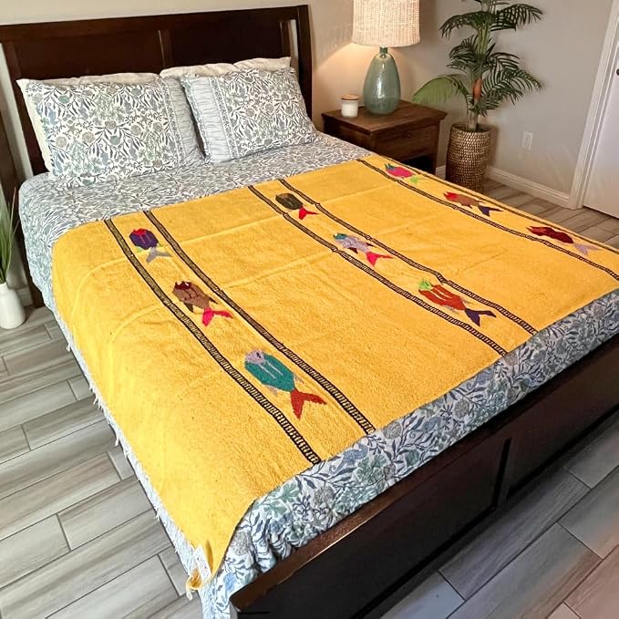 Open Road Goods Thick Mexican Yoga Blanket - Serape Fish Design - Handmade (Yellow)