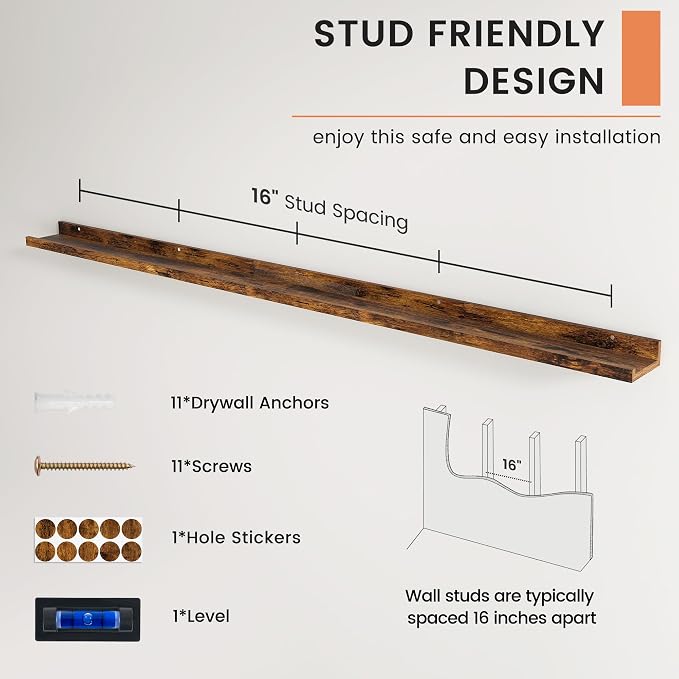 Picture Ledge Shelf, Long Floating Shelves for Wall, 72" W Set of 2, Brown | FSC Certified Engineered Wood, Wall Mounted Bookshelf, for Nursery Living Room Bedroom, Easy Install
