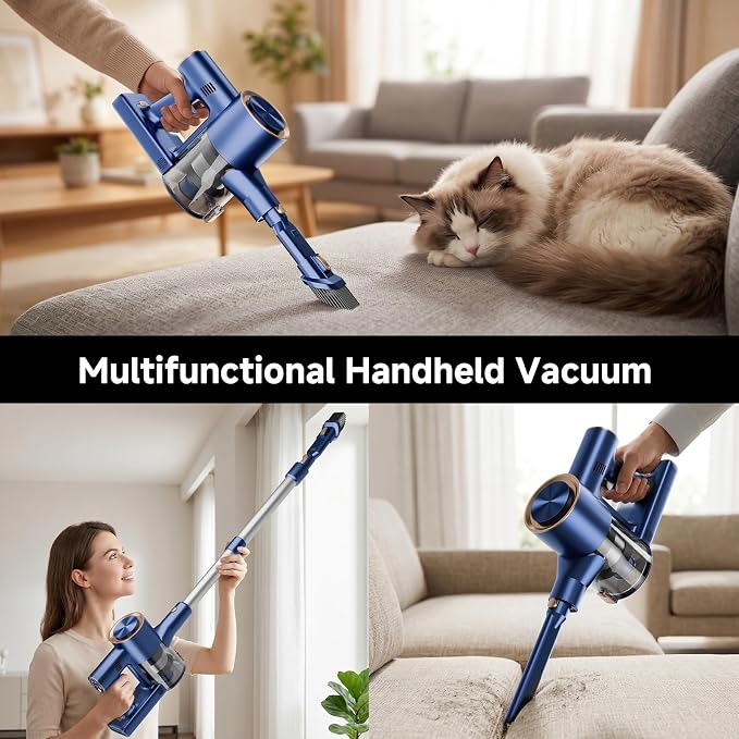 Cordless Stick Vacuum Cleaner - 45KPA Powerful Suction Vacuum with 45 Min Runtime, Detachable Battery, Anti-Tangle & 1.5L Dust Cup, 8 in 1 Vacuum Cleaner for Pet Hair, Carpet, HardFloor, Blue
