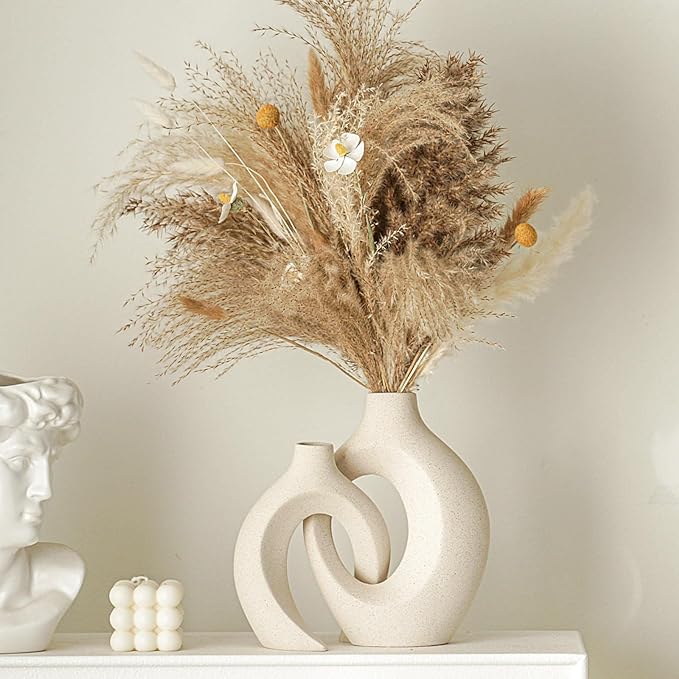 Lvases Snuggle Hollow Ceramic Vase Set of 2, Boho Home Decor for Tabletop | Modern Nordic Flower Vase for Pampas Grass, Decorative Coffee-Table Centerpiece for Living Room, 6.3 x 8.4 in, Milky White