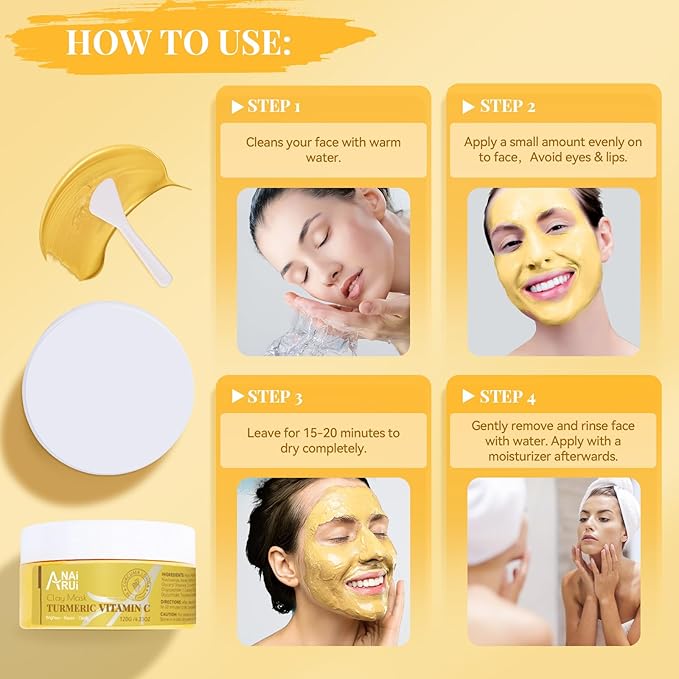 ANAI RUI Turmeric Vitamin C Clay Mask, Vitamin C Clay Facial Mask for Blackheads, Pores, Wrinkles, Fine Lines, Hydrating, Clarifying, Cleansing, Control Oil, 4.23 OZ