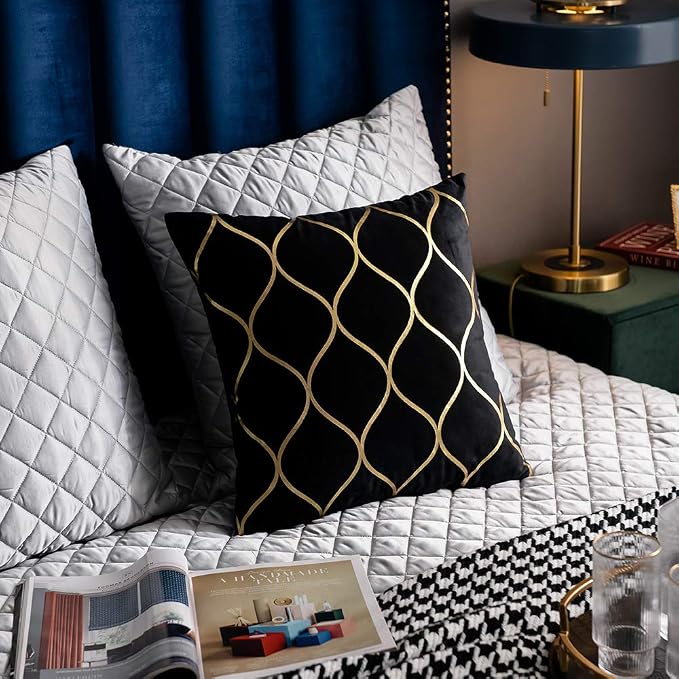 18x18 Inch Gold Velvet Throw Pillow Covers: 2 Pack Square Decorative Pillow Cases for Bedroom Sofa Couch Living Room, Black