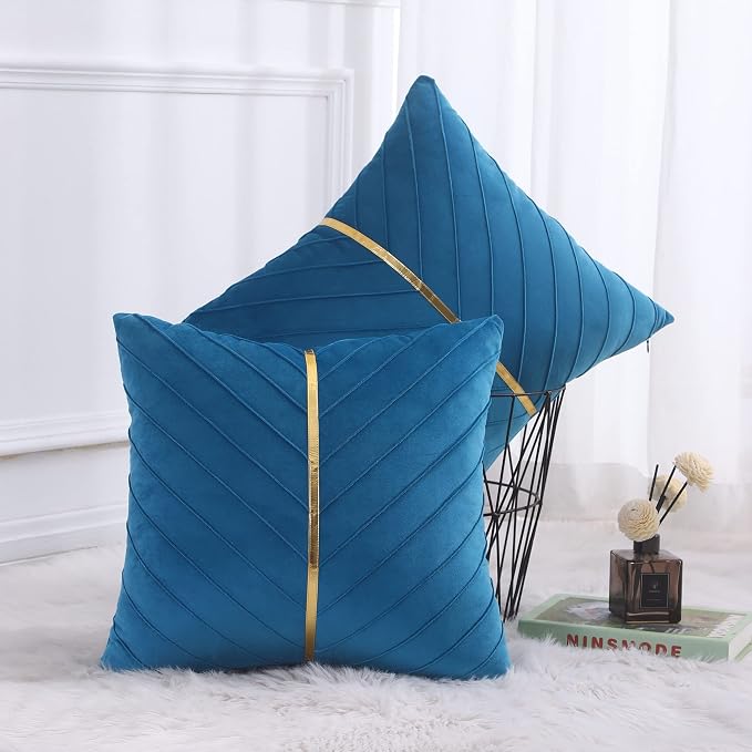 Velvet Throw Pillow Covers 24x24 Pack of 2 Gold Decor Lake Blue | Soft Solid Pillow Covers,Modern Luxury Home Decor,for Couch Chair Sofa Bedroom Livingroom,Hidden Zipper,Ideal Gift,Easy Care