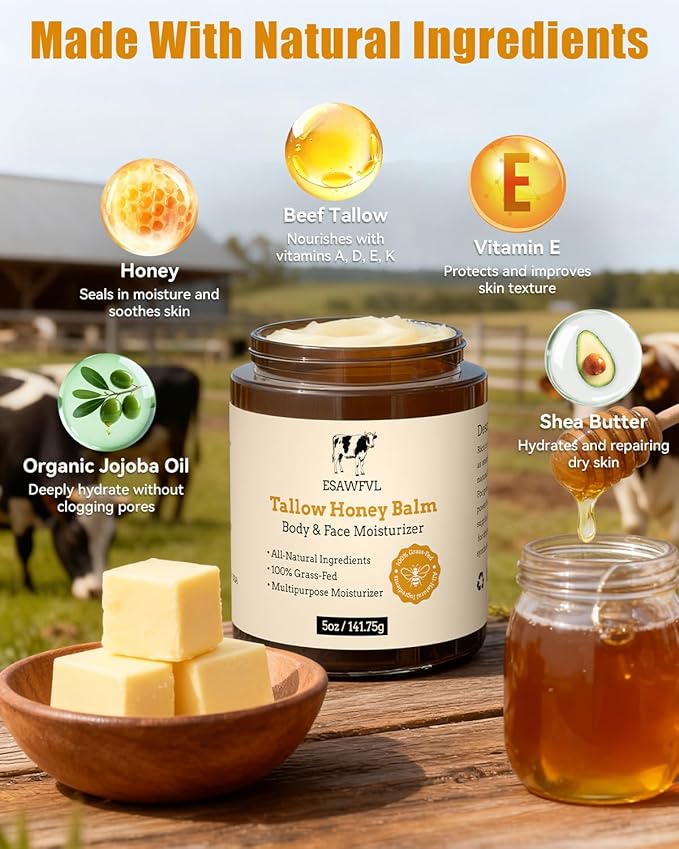 Beef Tallow for Skin, Whipped Tallow and Honey Balm for Body and Face, Natural Formula Grass Fed Tallow Face Moisturizer for All Skin Types - 5oz