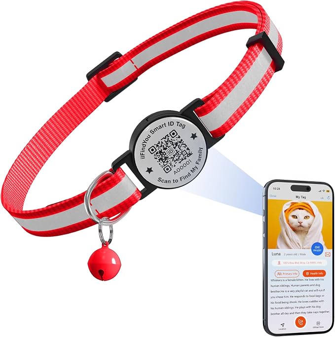 Breakaway Cat Collar QR Code, Reflective Bell, Adjustable Kitten, Red