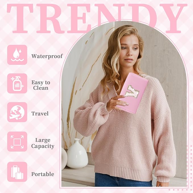 Small Personalized Initial A-Z Patch Makeup Bag,Pink Cute PU Leather Glitter Letter Cosmetic Bag for Teen Girls,Travel Toiletry Bag with Zipper,Preppy Monogrammed Birthday Gift for Daughter Niece V