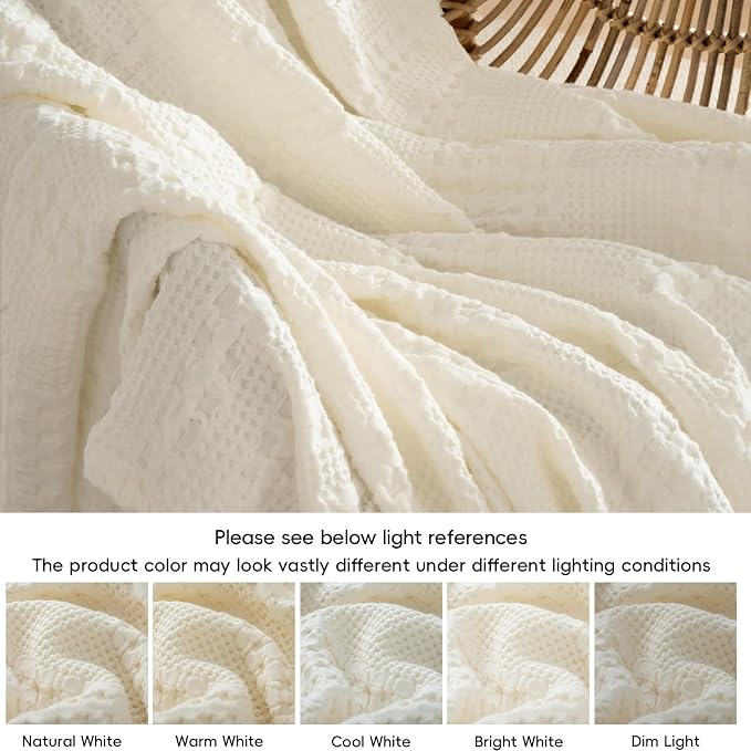 PHF 100% Cotton Waffle Weave Throw Blanket, Lightweight Breathable Summer Blanket for Couch Sofa, Pre-Washed Soft Throws for Bed, Office, Travel & Stylish Home Decor, 50"x60", Ivory