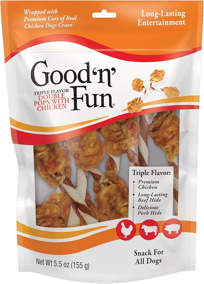 GOOD 'N' FUN Double Pops Long-Lasting Dog Treat with Real Protein, 5.5 oz | Premium Pork and Beef Hide Chew Wrapped with Real Chicken, Supports Dental Health and Mental Stimulation, For Adult Dogs