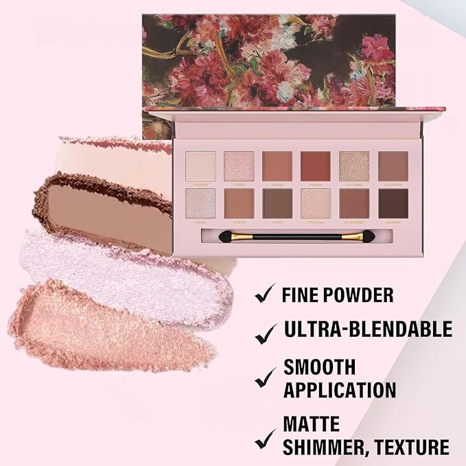 K'APEINE Warm Brown Eyeshadow Palette, 12 Colors Blush Eyeshadow Pink Red Eye Shades Matte Shimmer Eye Shadow High-Pigmented Makeup Palette for Women Daily, Party, Music Festival, Stage Performance