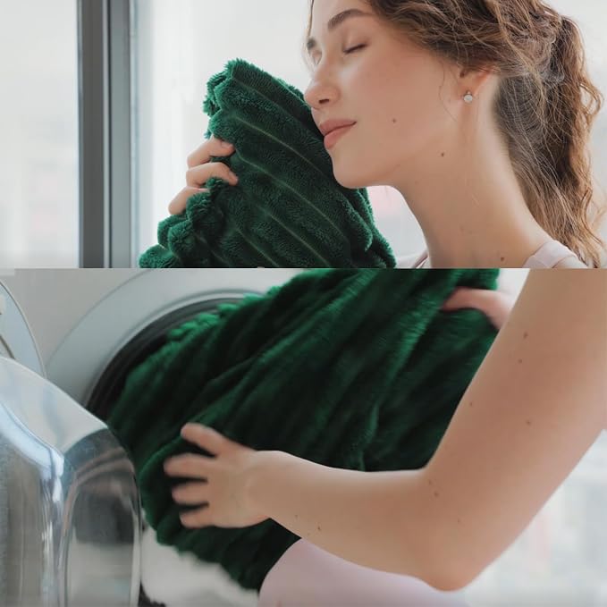 Green Sherpa Fleece Throw Blanket 60”×80”for Couch Sofa Bed | Double Side Soft Fuzzy Cozy Plush Thick Flannel Blanket with Striped Design Gift for Adults,Woman