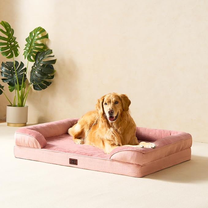 EHEYCIGA Orthopedic Dog Beds Large Sized Dog, Waterproof Washable Pet Bed | Non-Slip Bottom and Egg-Crate Memory Foam XL Dog Couch Bed with Washable Removable Cover, Dusty Pink