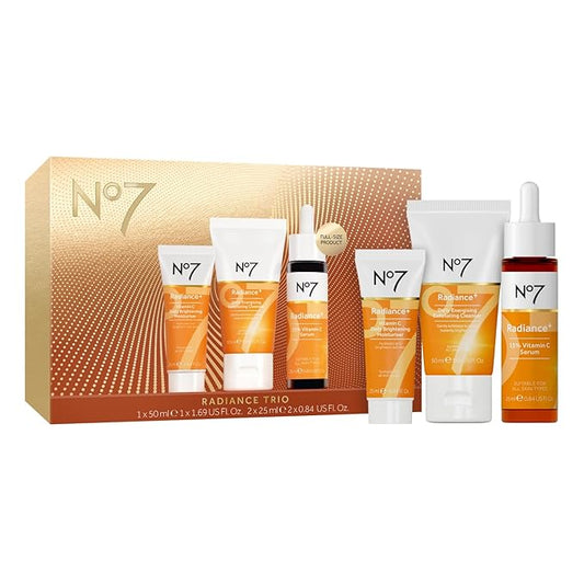No7 Radiance Trio Gift Set - Includes Radiance+ Brightening Vitamin C Face Moisturizer, 15% Vitamin C Facial Serum, and Daily Energizing Exfoliating Face Wash (3 pieces)